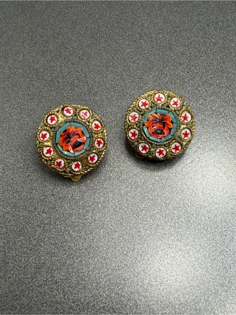 Vintage Mosaic Glass Floral Clip Earrings